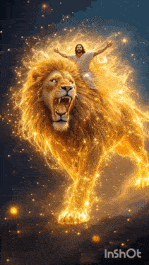 jesus is riding on the back of a lion in a painting .
