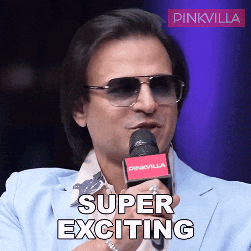 a man speaking into a microphone with the words super exciting written below him