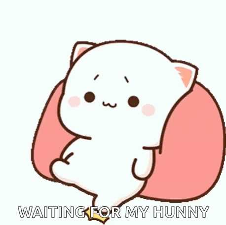 a cartoon cat is sitting on a pillow with the words `` waiting for my hunny '' written below it .