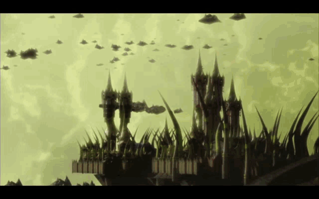 a castle with a lot of spikes and a few ships in the background