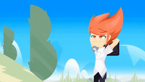 a cartoon character with red hair is standing on a hill with trees in the background