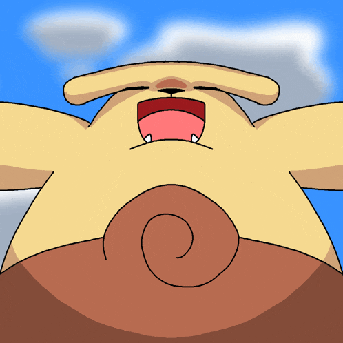 a cartoon drawing of a dog with its mouth open and a swirl around its belly