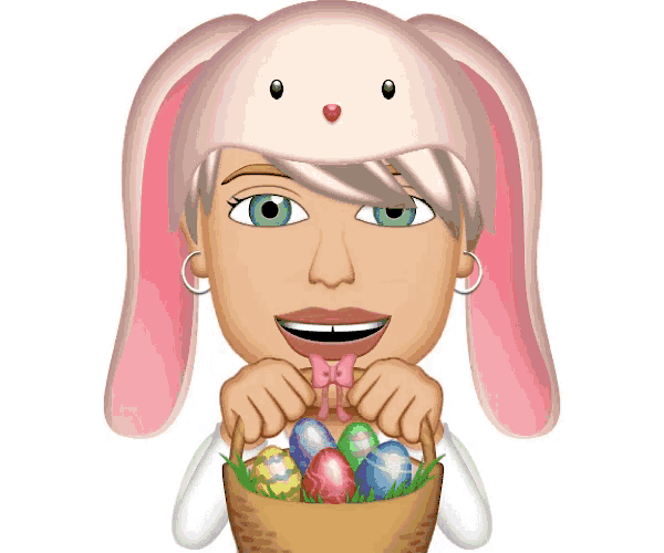 a woman wearing bunny ears is holding an easter basket full of eggs