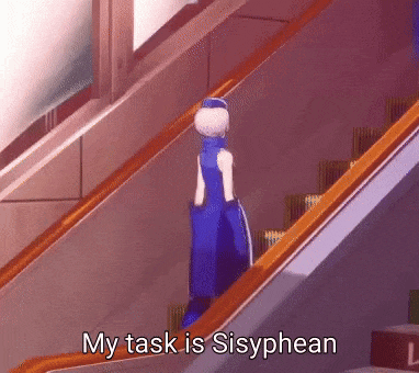 a woman in a blue dress is walking down an escalator with the words `` my task is sisyphean '' written below her .