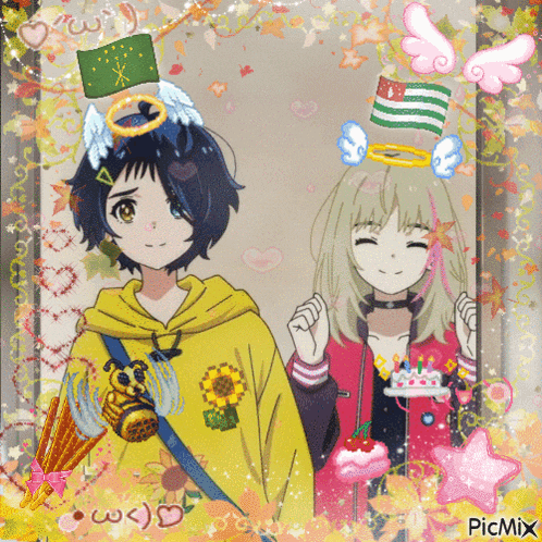 a picture of a girl with a bee on her shoulder and a girl with a cake and a flag on her head