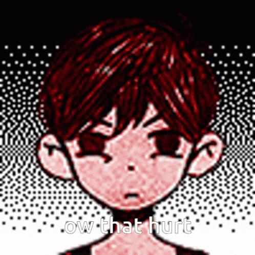 a pixel art of a boy with red hair and the words ow that hurt