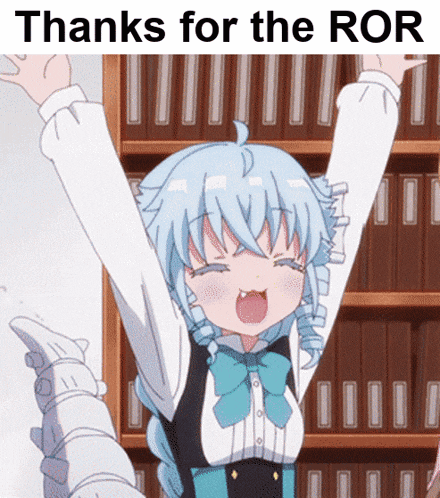 a girl with blue hair is raising her arms in the air with the words thanks for the ror underneath her