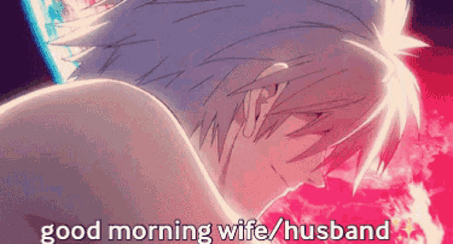 a man is laying down with the words `` good morning wife / husband '' written below him .