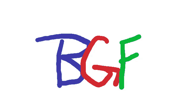 the letters bgf are drawn in blue red and green on a white background