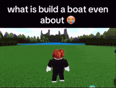 a person in a video game is standing in a field with the words what is build a boat even about .