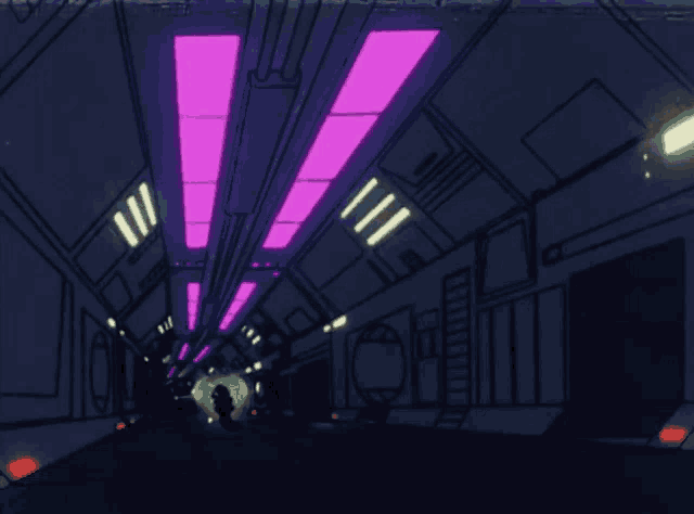 a cartoon drawing of a futuristic tunnel with purple lights on the ceiling