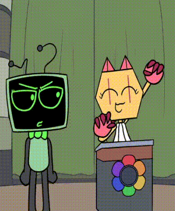 two cartoon characters are standing next to each other in front of a green curtain .
