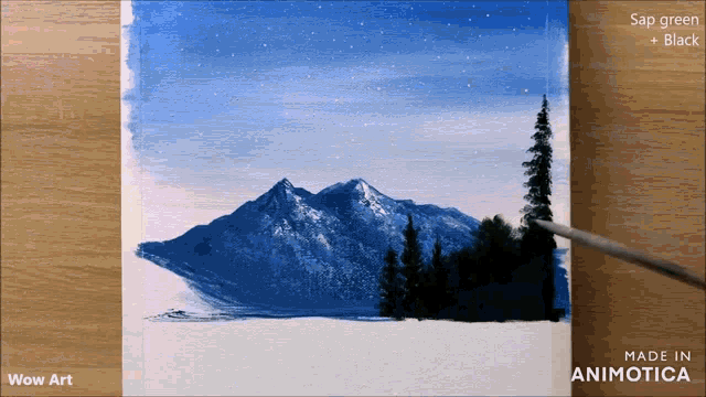 a painting of mountains and trees is being painted with sap green and black