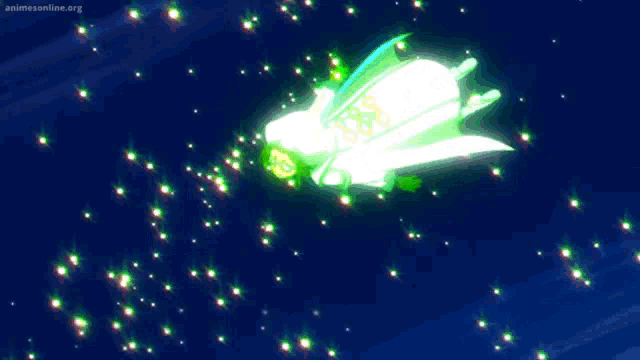 a person is flying through the air with a green light coming out of their eyes .
