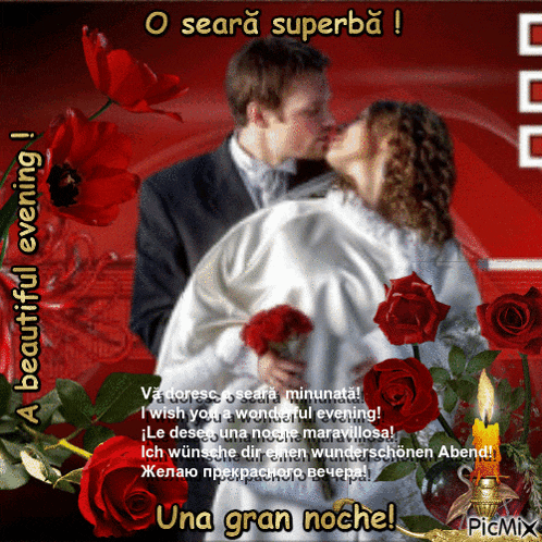 a picture of a man and woman kissing with roses and a candle