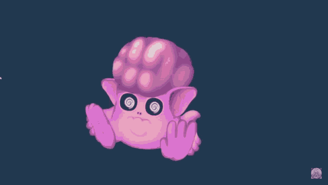 a cartoon drawing of a pink monster with a brain on its head