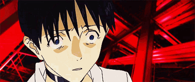 a close up of a anime character 's face with a red background