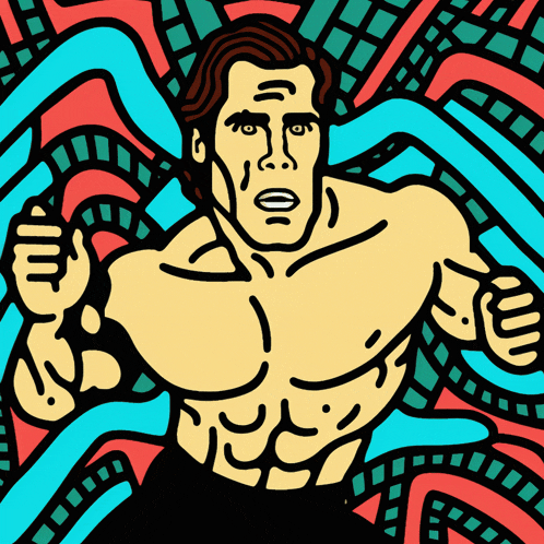 a cartoon drawing of a shirtless man with a colorful background behind him