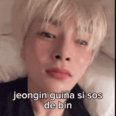 a close up of a person 's face with the words jeongin guiana si sos de bin written below it