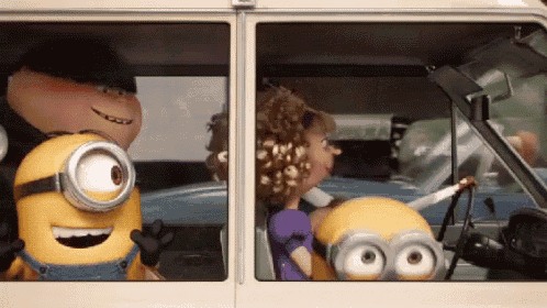 a group of minions are in a car with a woman