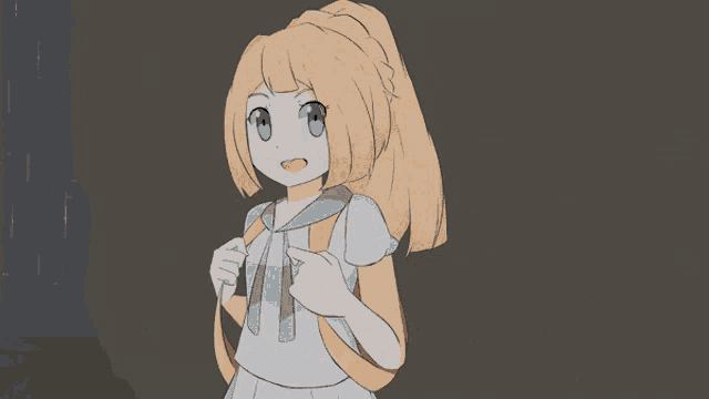 a girl with blonde hair and green eyes is wearing a pink backpack
