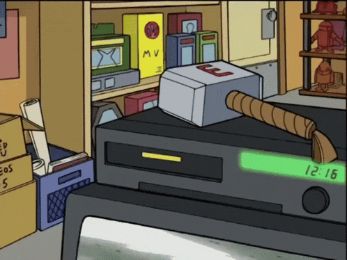a cartoon drawing of a room with a hammer on top of a box that says 12:16