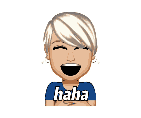 a woman with short blonde hair is laughing with the word haha on her shirt