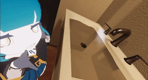 a cartoon character is standing next to a sink with the letter l on it