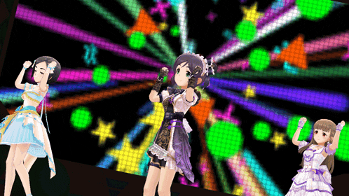 three anime girls are dancing in front of a colorful backdrop