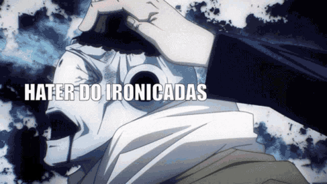 a person holding a mask with the words hater do ironicadas written on it