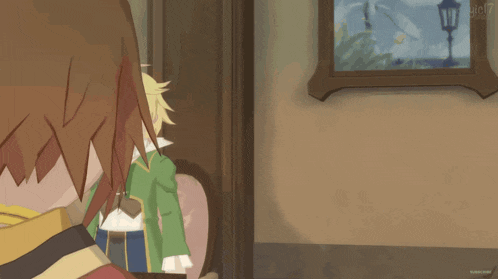 a screenshot of a video game shows a boy in a green jacket and a boy in a red vest