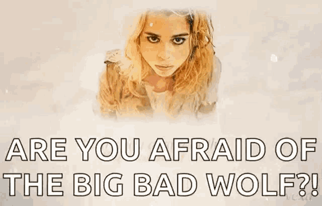 a picture of a woman with the words `` are you afraid of the big bad wolf ? '' written on it .