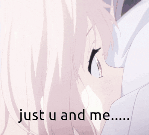 a close up of a girl with the words just u and me