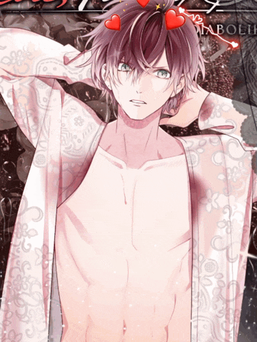a shirtless anime character with hearts on his head and the word diabolik on the bottom right