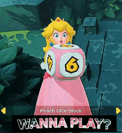 peach is holding a dice in a video game called peach dice block wanna play ?