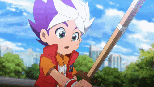 a young boy with purple hair is holding a wooden sword