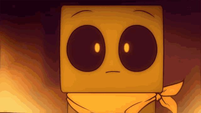 a yellow cartoon character with a scarf around his neck has a serious look on his face