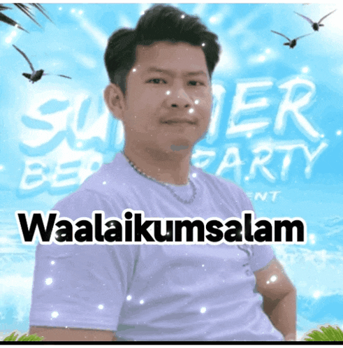 a man stands in front of a poster that says summer party waalaikumsalam