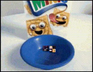 a blue bowl of cereal with a picture of a man in it