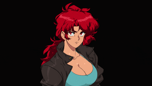 a woman with red hair is wearing a black jacket and blue tank top