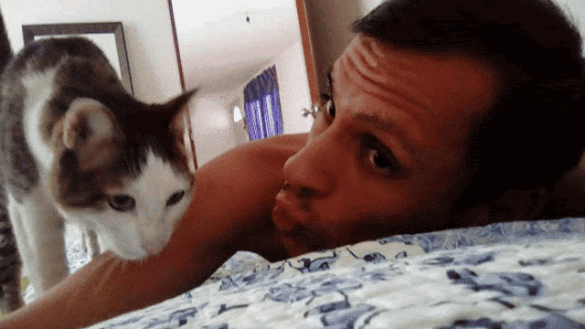 a man is laying on a bed with a cat looking at him