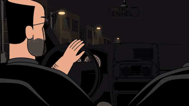 a cartoon of a man driving a car at night with a sign above him that says one way