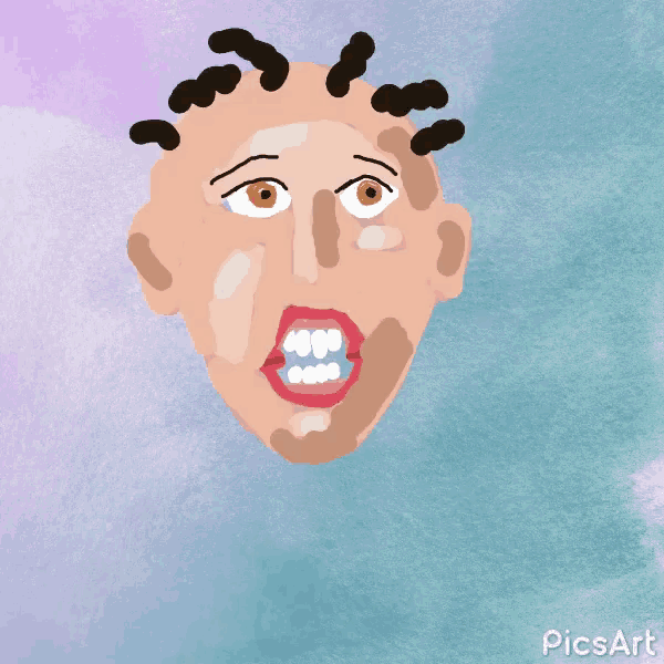 a cartoon drawing of a man 's face with a purple background and the words picsart below it