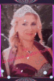 a woman wearing a tiara and a purple dress with the words " a condessa du star maker " written on the bottom