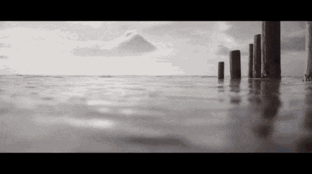 a black and white photo of a dock in the water