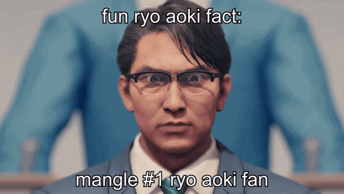 a man with glasses and a caption that says " fun ryo aoki fact mangle # 1 ryo aoki fan "
