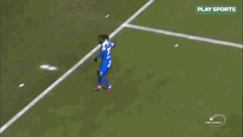 a soccer player is celebrating a goal on a field that says play sports on the bottom