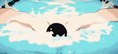 a person is swimming in a pool with a dolphin on their chest .