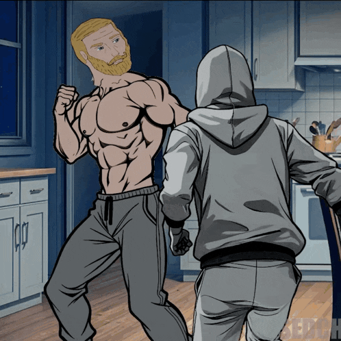 a cartoon of a man with a beard standing next to another man with a hoodie