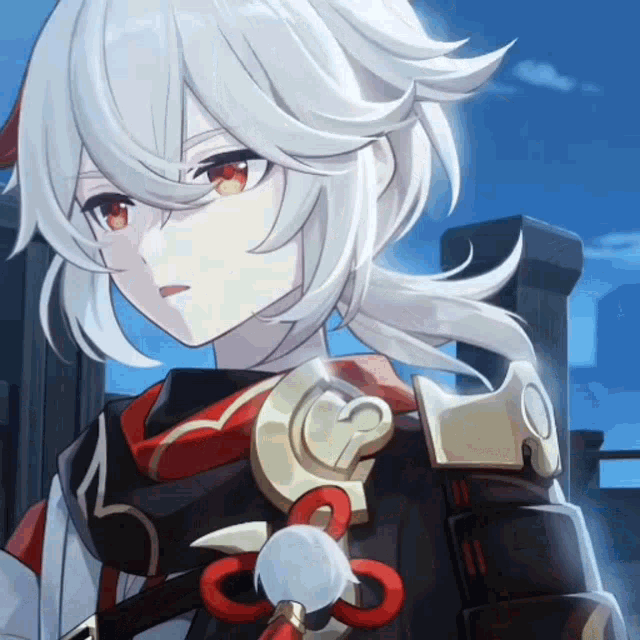 a girl with white hair and red eyes is wearing armor